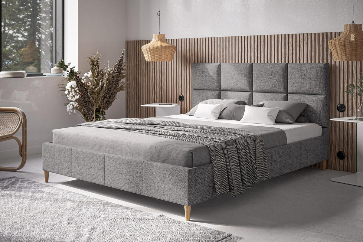 POLSTERBETT LUX Roma mit Kopfteil, 120 x 200 cm, Doppelbett mit Lattenrost aus Holz, Strukturstoff Grau, Füße in Farbe: Braun - Grau, Holz/Textil (120/200cm) - Alpi-Möbel