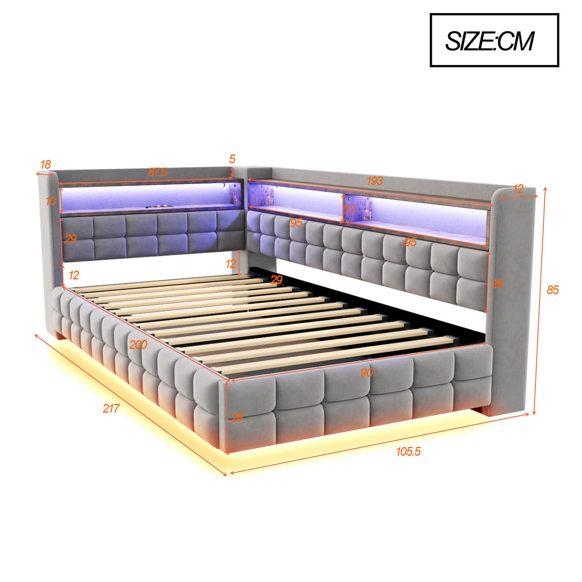 POLSTERBETT 90/200 cm Hellgrau aus Velours mit Stauraum mit LED-Beleuchtung - Hellgrau, Textil (90/200cm) - OKWISH