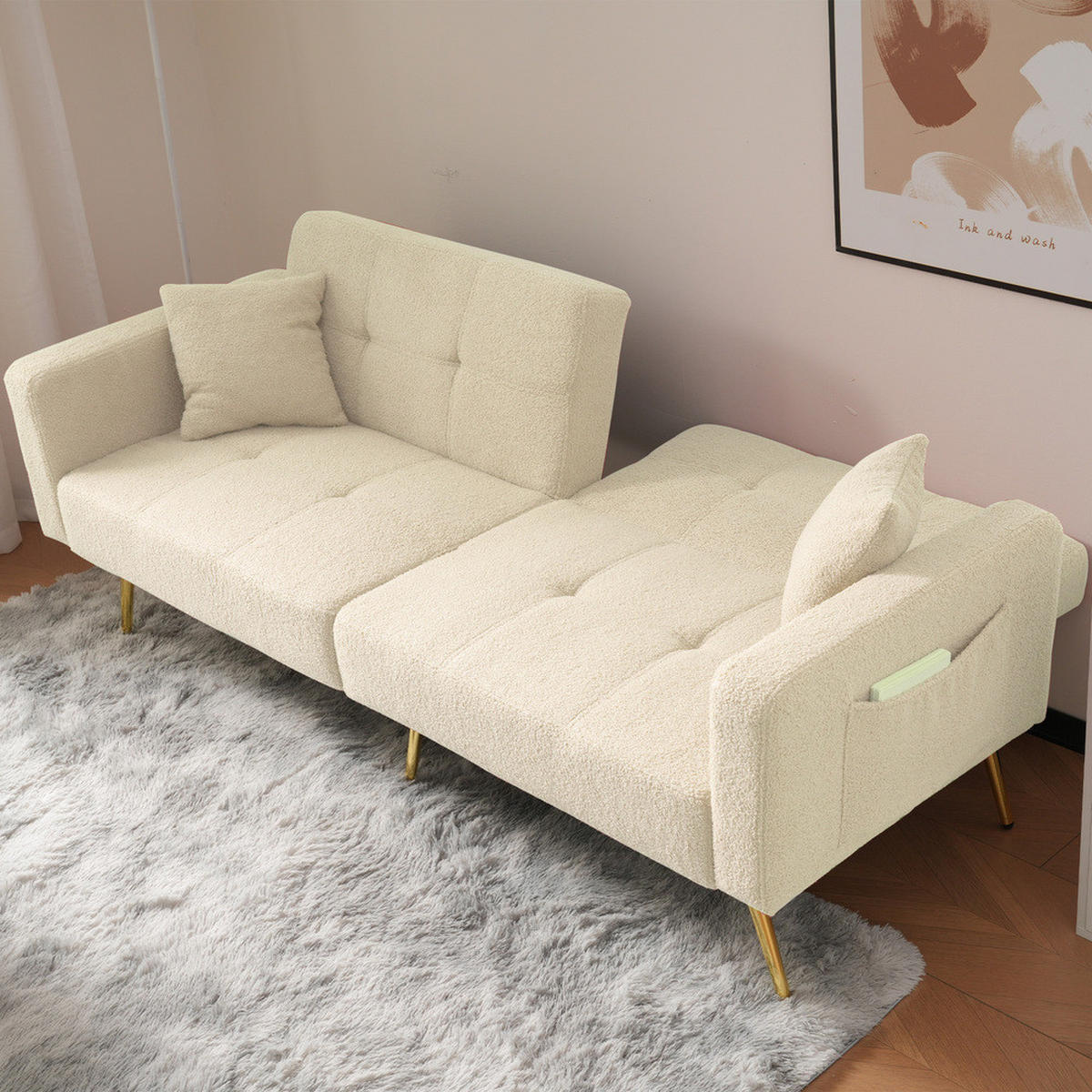 SOFA Schlaffunktion Verstellbar Goldene Beine Aufbewahrungstaschen Kissen - Beige, Holz (90.93/18.42/80.26cm) - FLIEKS