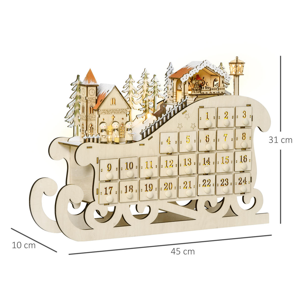 ADVENTSKALENDER zum Befüllen, 24 Schubladen Fächer, mit LED-Lichtern, Naturholz - Naturfarben, Holz (10/31/45cm) - HOMCOM