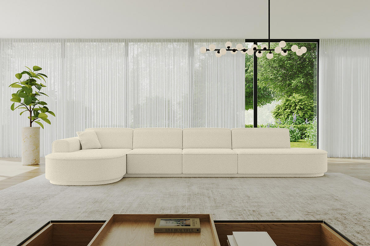 ECKSOFA Ottomane Links MARI-L3 - 402x163x81 cm Beige Bouclé - Beige/Schwarz, Holzwerkstoff/Kunststoff (165/406cm) - ALTDECOR