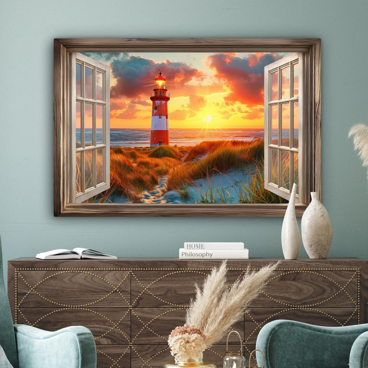 LEINWANDBILD Aussicht - Fenster - Leuchtturm - Sonnenuntergang - Strand Wohnzimmer 120x80 cm - Dunkelorange, Textil (120/80cm) - MuchoWow