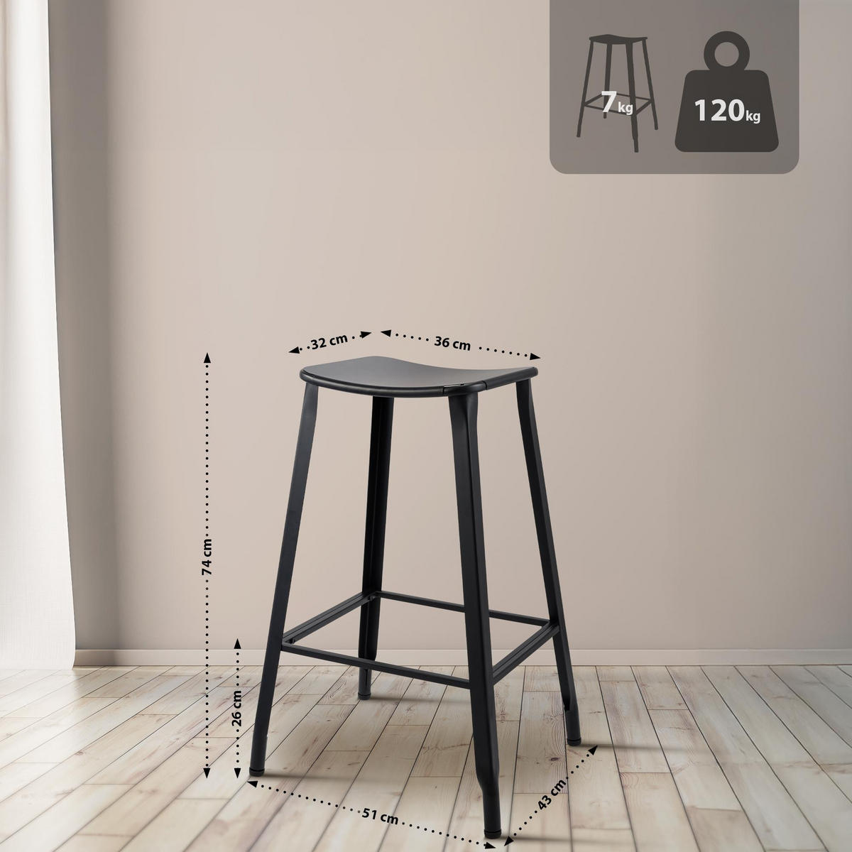 BARHOCKER Metall Schwarz - Schwarz, Metall (51/74/43cm) - CLP