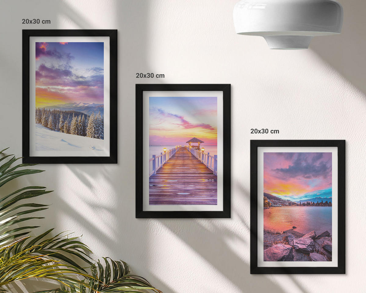 WANDBILDER 3er-Set - 20x30 cm Schwarzer Rahmen - Winterliche Bergseelandschaft - Schwarz, Kunststoff (20/30cm) - ArtPrintCave