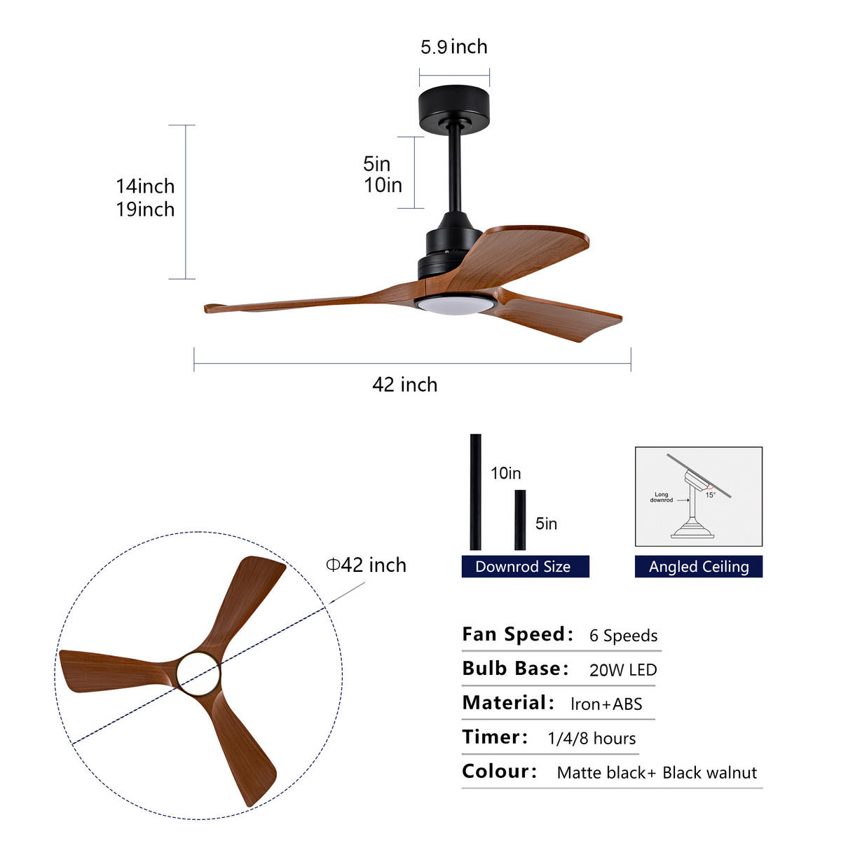 DECKENVENTILATOR DE-16234 42 Zoll dimmbar mit Fernbedienung Walnuss - Walnussfarben, Kunststoff (107/107/37cm) - ComfortXL