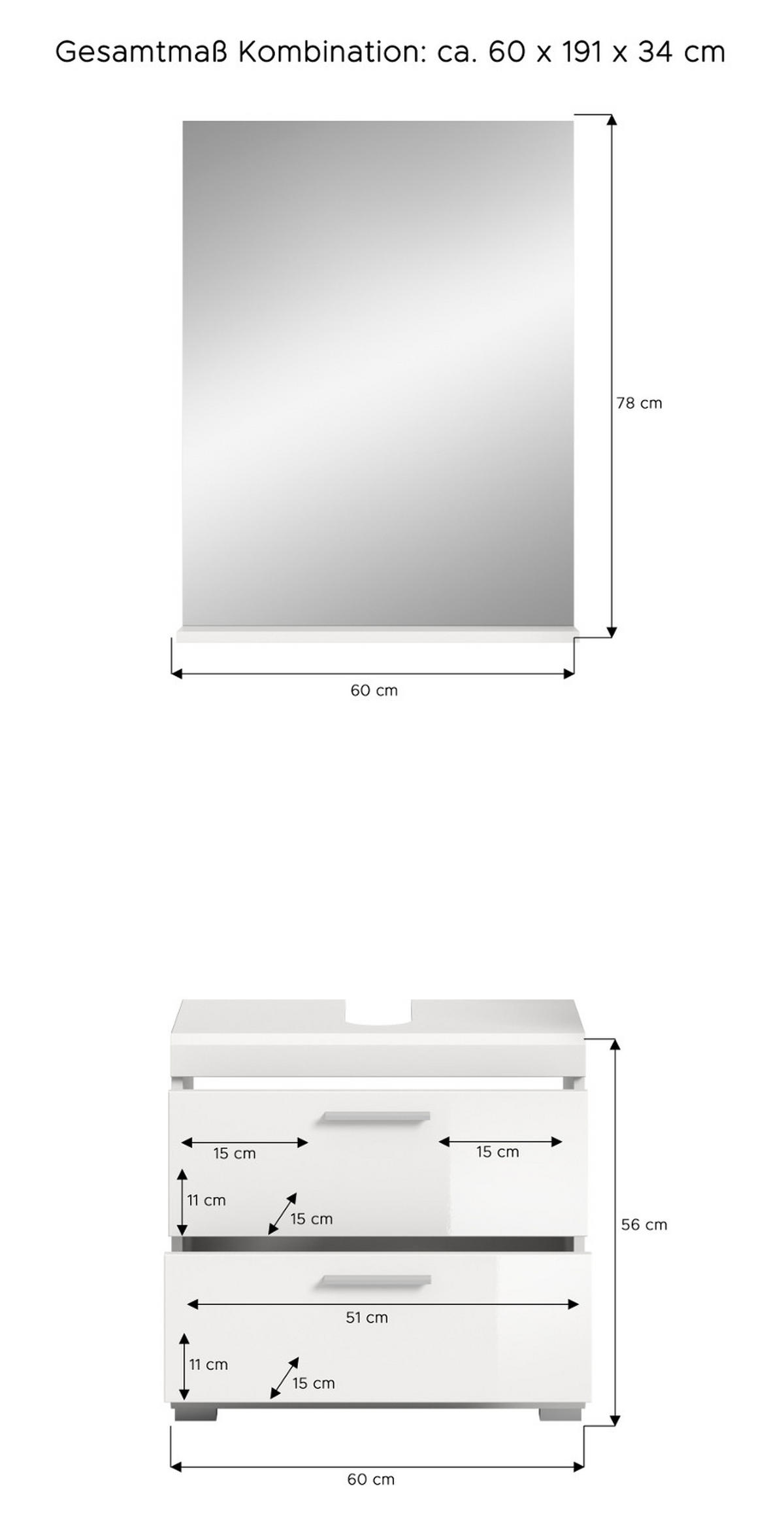 BADMÖBEL-SET weiß Hochglanz 2-teilig 60 cm, Kombination mit Spiegel - Weiß Hochglanz, Glas/Holzwerkstoff (60/191/37cm) - Inn.Furn