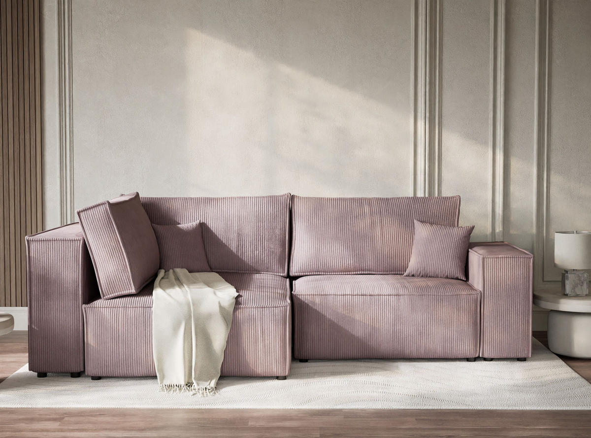 ECKSOFA MIT SCHLAFFUNKTION Tonga Lila Samtstoff - Flieder/Schwarz, Holz/Holzwerkstoff (105/225cm) - Maison de Reve