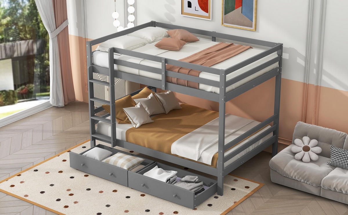 KINDERBETT 140x200 cm, Etagenbett mit Schubladen, Stauraum & Schutzgittern, grau - Grau, Holz (145/204.5cm)