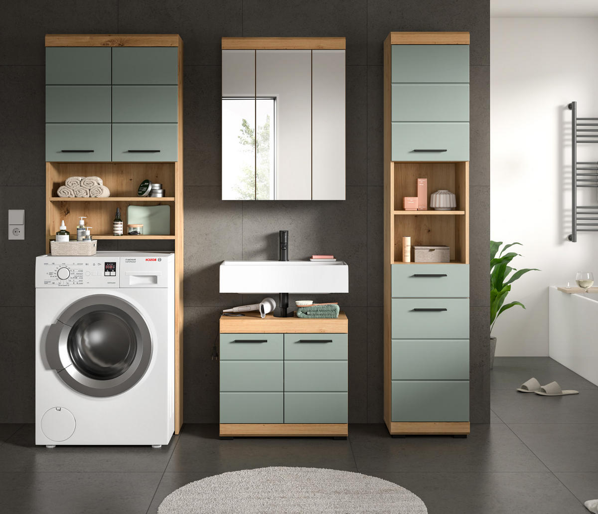 WASCHMASCHINENSCHRANK Salbei grün, Eiche Artisan 63 x 191 cm, Überbau mit 6 Fächern - Salbeigrün/Schwarz, Holzwerkstoff/Kunststoff (63/191/24cm) - Inn.Furn
