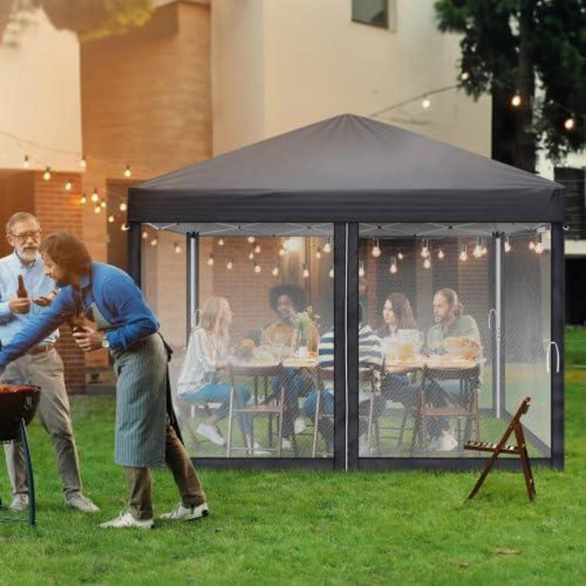PAVILLON 3 x 3 m wasserdicht UV Schutz 50+ mit 4 Mesh-Seitenteilen Dunkelgrau - Anthrazit, Textil (255/300/300cm)