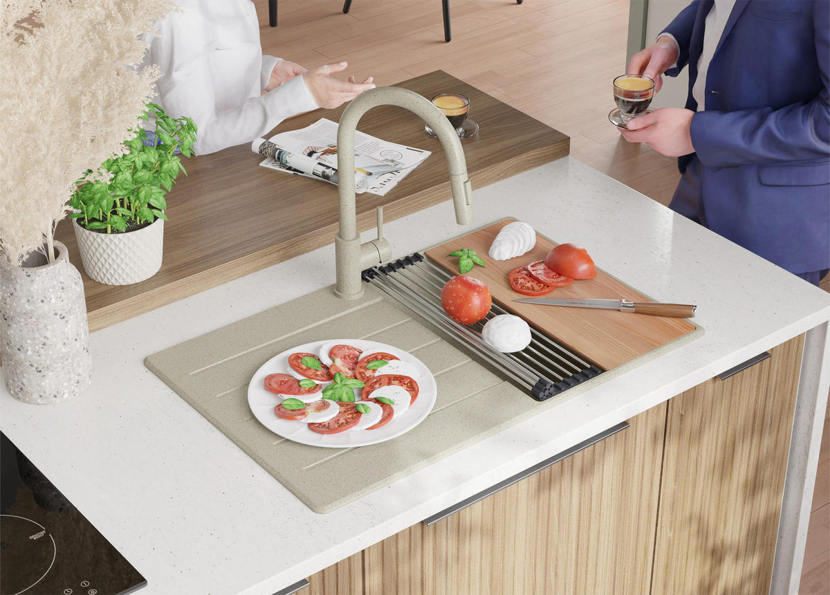 GRANITSPÜLE Kopenhagen, 2-er set Beige 78/50 cm 1 Becken + Küchenarmatur 32/20 cm + Ablauf-Set + Schneidebrett ab 45er Unterschrank - Chromfarben/Beige, Kunststoff (78/20/50cm) - Primagran