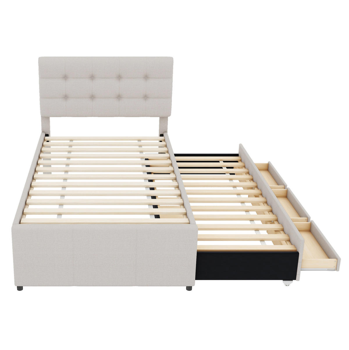 POLSTERBETT 90/200 cm beige mit ausziehbarem Bett und drei Schubladen Ohne Matratze - Beige, Textil (90/200cm) - OKWISH