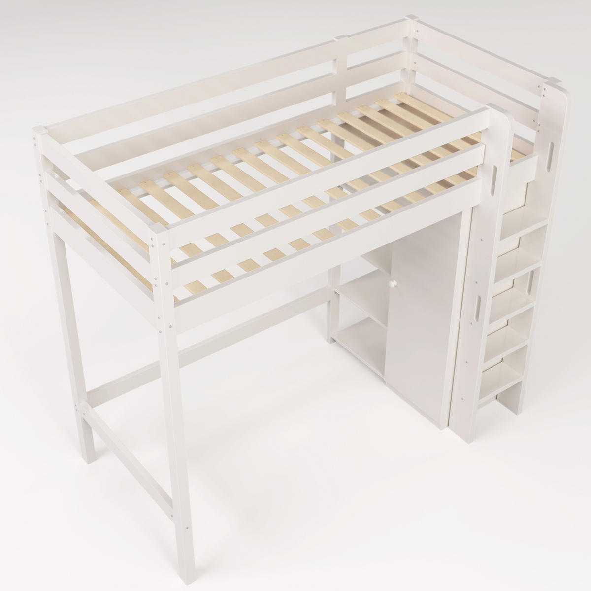HOCHBETT 90/200 cm in Weiß mit Kleiderschrank und 6 Regalen - Weiß, Holzwerkstoff (90/200cm) - Flora Grace