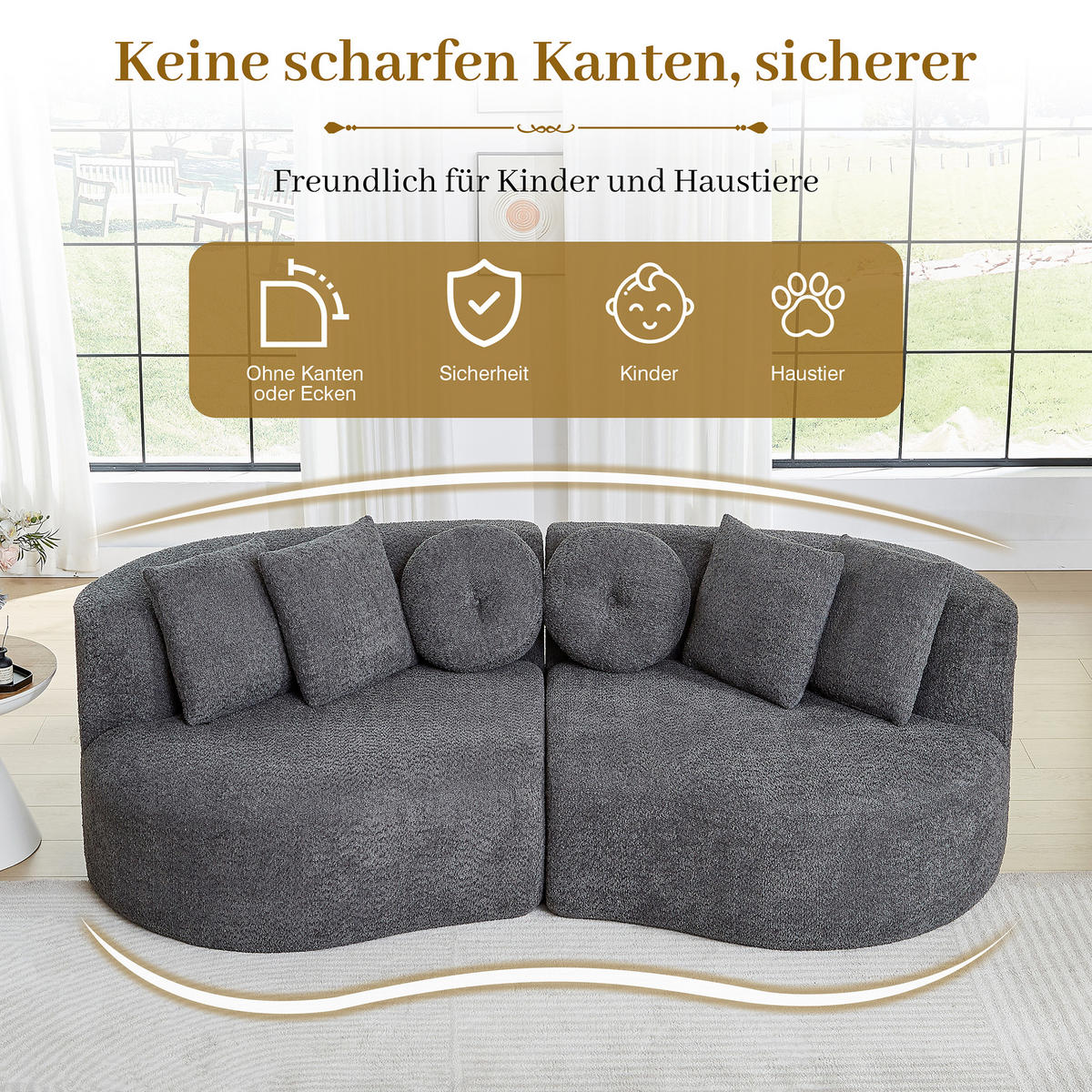 3-SITZER SOFA Geschwungenes Modulares Chenille Cashew - Grau, Textil (223/79/109cm) - Urban Meuble