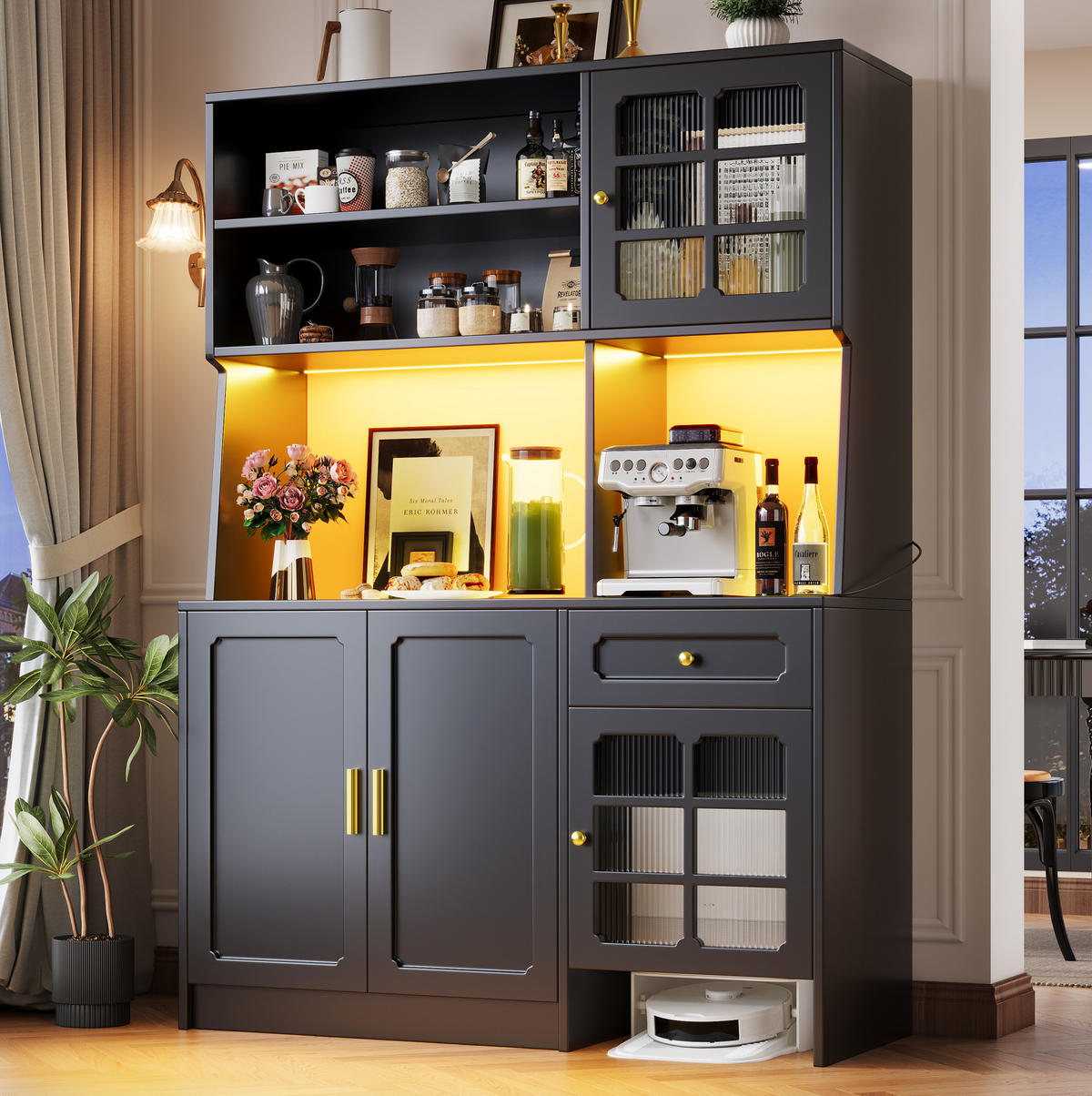 BUFFET 130/45/180 cm in Schwarz mit Glastüren und LED-Beleuchtung - Schwarz, Holzwerkstoff (130/180/45cm) - Flora Grace