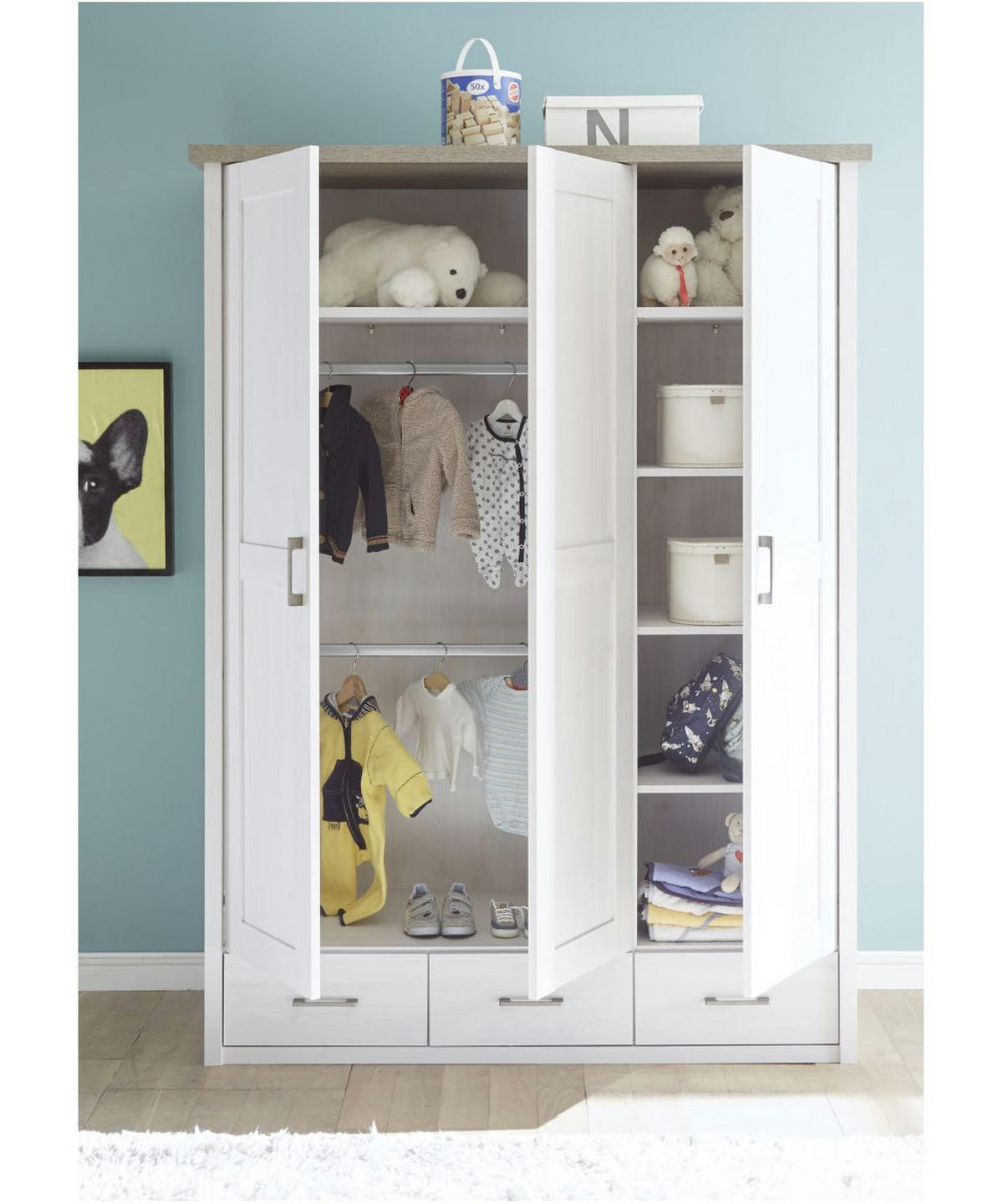 BABYZIMMER Luca in Pinie Weiß und Trüffel Landhaus 4 teilig - Weiß, Holzwerkstoff (120/200/80cm)