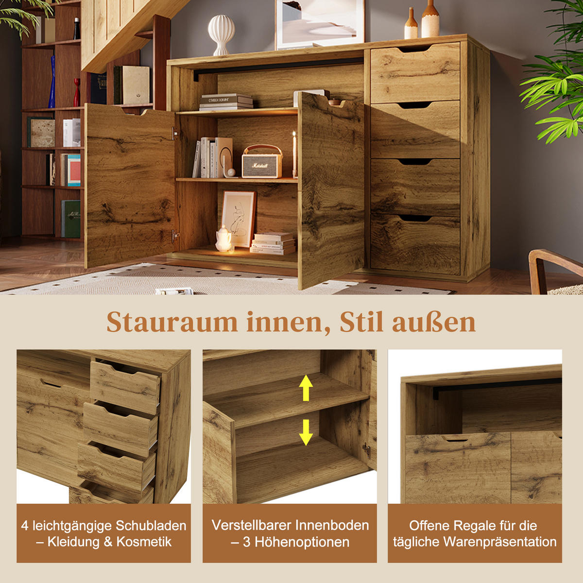 SIDEBOARD aus MDF und Metall 150x40x90 cm Eichefarben/Schwarz mit 2 Türen, 4 Schubladen, offenem Fach und Softclose - Eichefarben, Holzwerkstoff (150/90/40cm) - Modfu