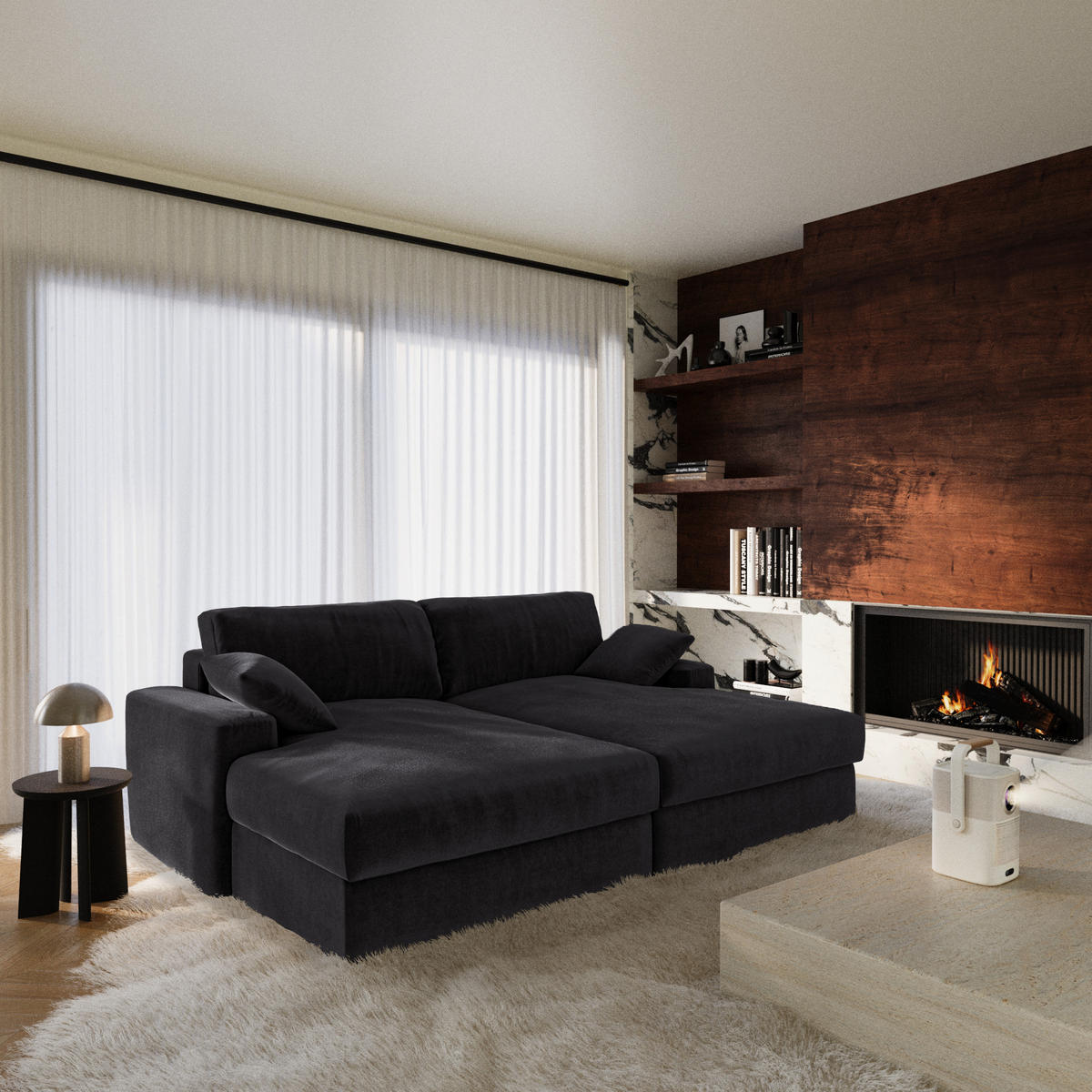 SOFA PLUM Samt Schwarz 260cm - Schwarz, Textil (260/83/155cm) - Premium Interiors