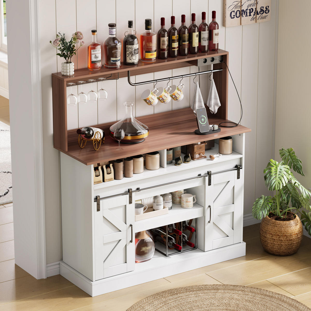 BUFFET Sideboard 120x40x130cm Weiß mit Steckdosen & Schiebetüren - Weiß, Holzwerkstoff (40/130/120cm) - Modfu