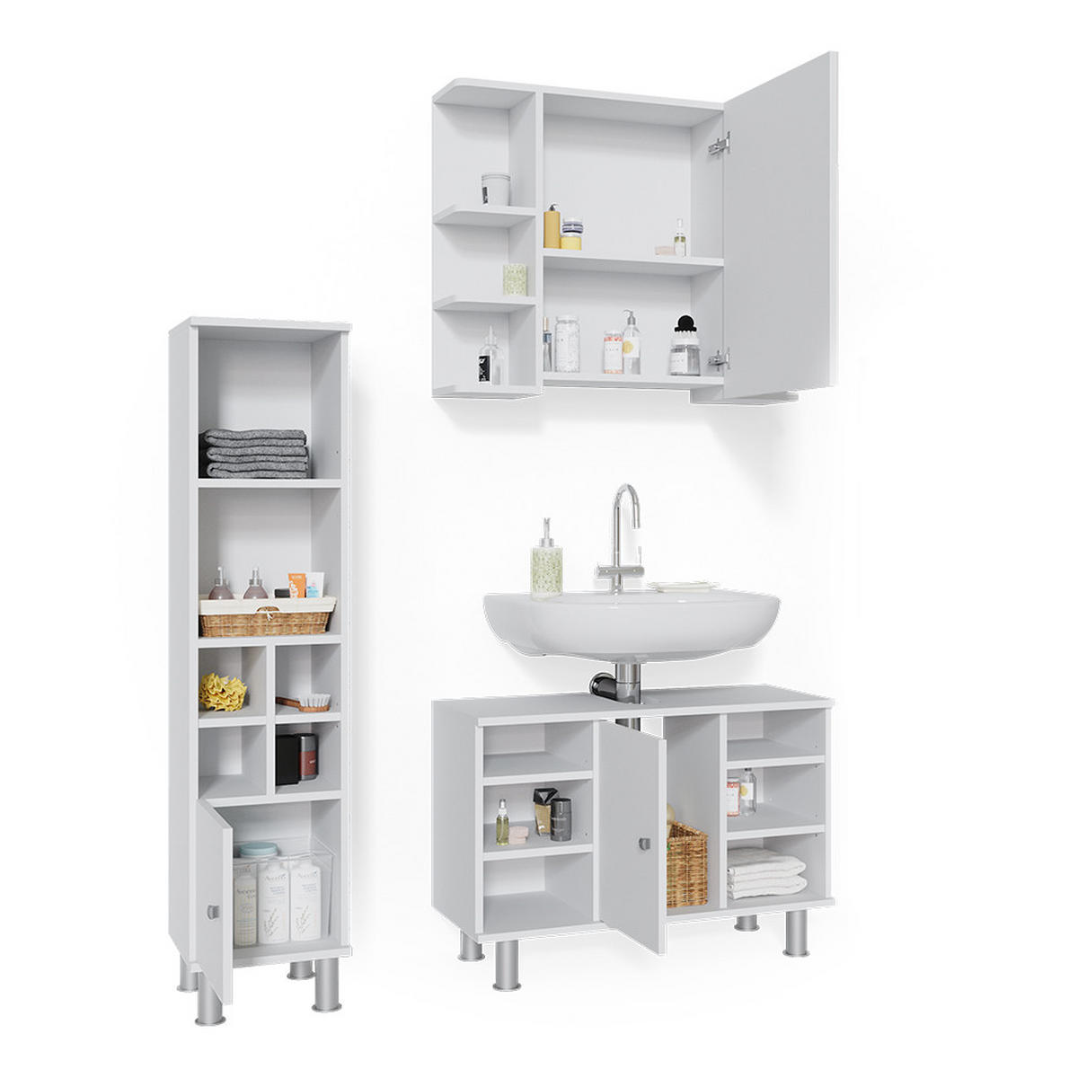 BADMÖBEL-SET Fynn Weiß 3 Teile, mit Midischrank Tür klein - Weiß, Holzwerkstoff (60/54/32cm) - Vicco