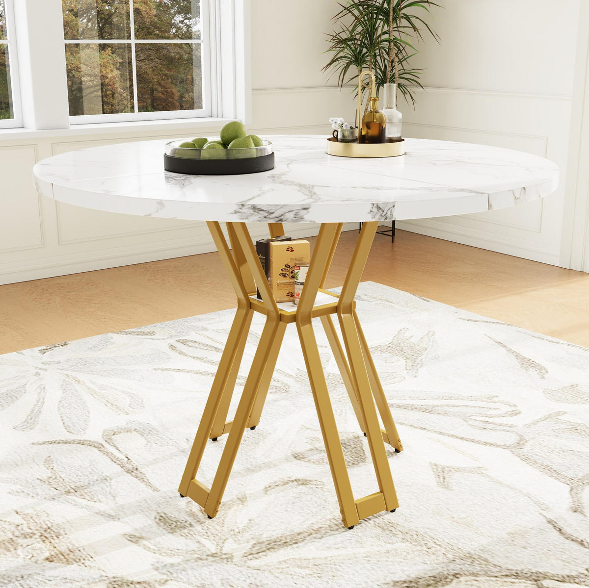 ESSTISCH rund 100x100 cm MDF Marmoroptik Weiß Gold - Goldfarben, Metall (100/100/76cm) - Meubliv