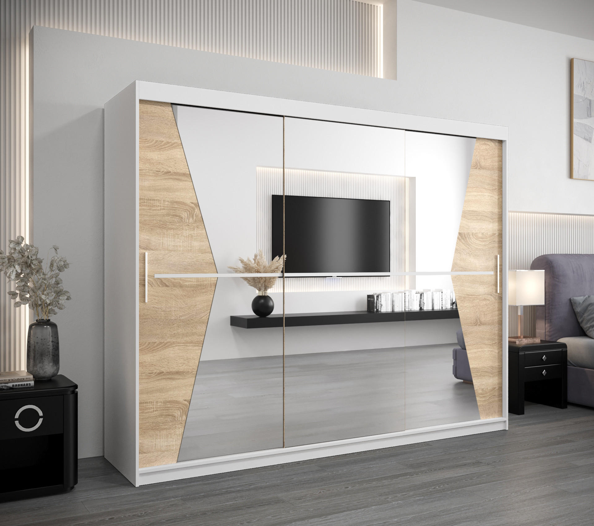 SCHWEBETÜRENSCHRANK 200/250/62 3-türig - Silberfarben/Weiß, Holz/Kunststoff (250/200/62cm) - Abiks Möbel
