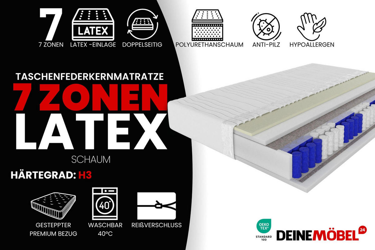 TASCHENFEDERKERNMATRATZE PREMIUM 7 LATEX mit Latex-Einlage 120/200/21 Weiß H3 - Weiß, Textil (120/200cm) - Deine Möbel 24