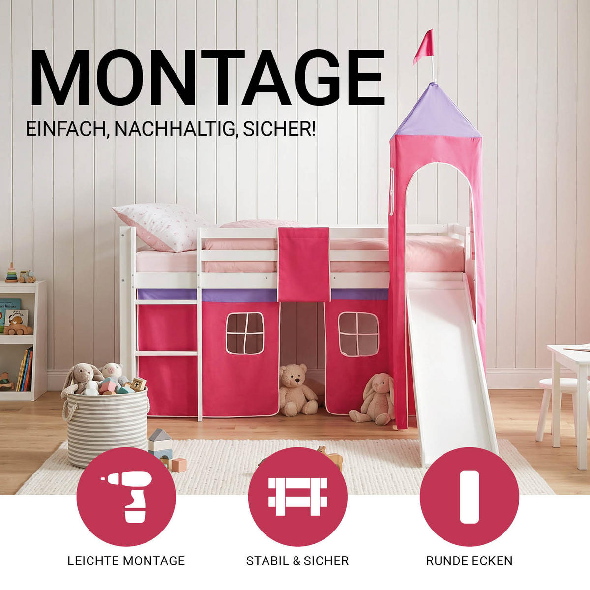 HOCHBETT 90/200 cm mit Lattenrost + Matratze - Pink/Weiß, Holz - Homestyle4u