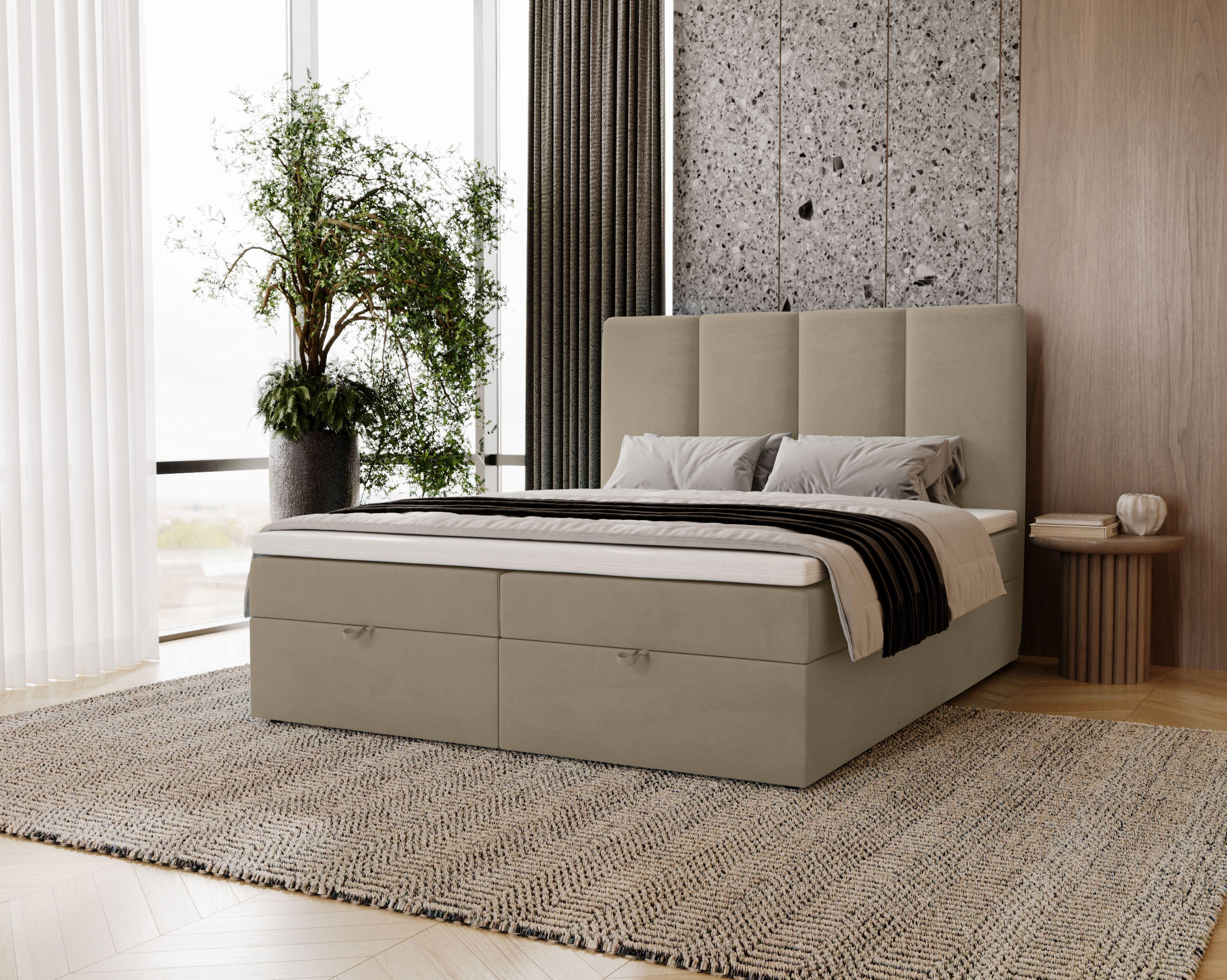BOXBETT Malmo mit 2 Bettkästen, 120x200, Hellbraun, Velourstoff, Doppelbett mit Bonell-Matratze - Hellbraun, Holz/Kunststoff (120/200cm) - Agmat-Furniture