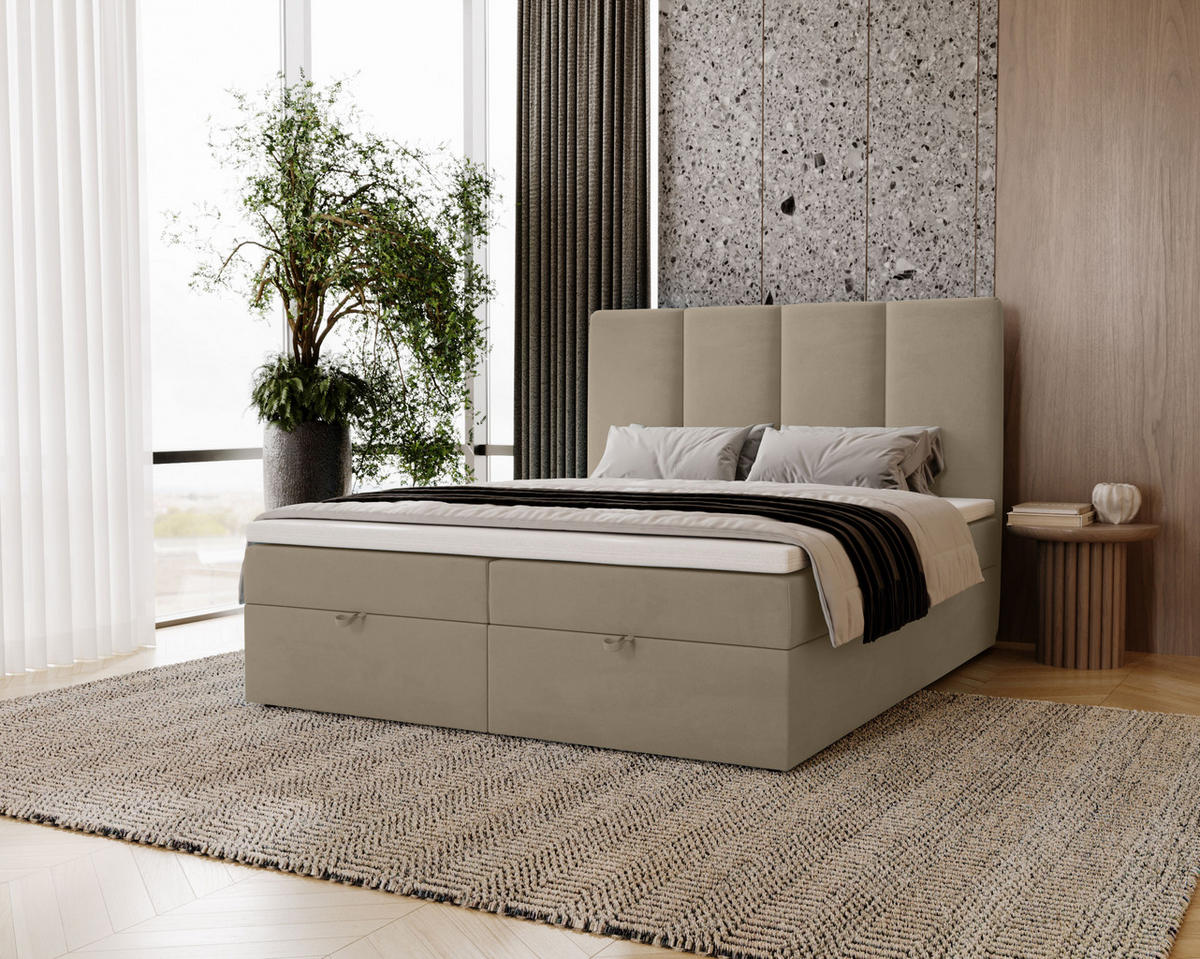 BOXBETT Malmo mit 2 Bettkästen, 120x200, Hellbraun, Velourstoff, Doppelbett mit Bonell-Matratze - Hellbraun, Holz/Kunststoff (120/200cm) - Agmat-Furniture