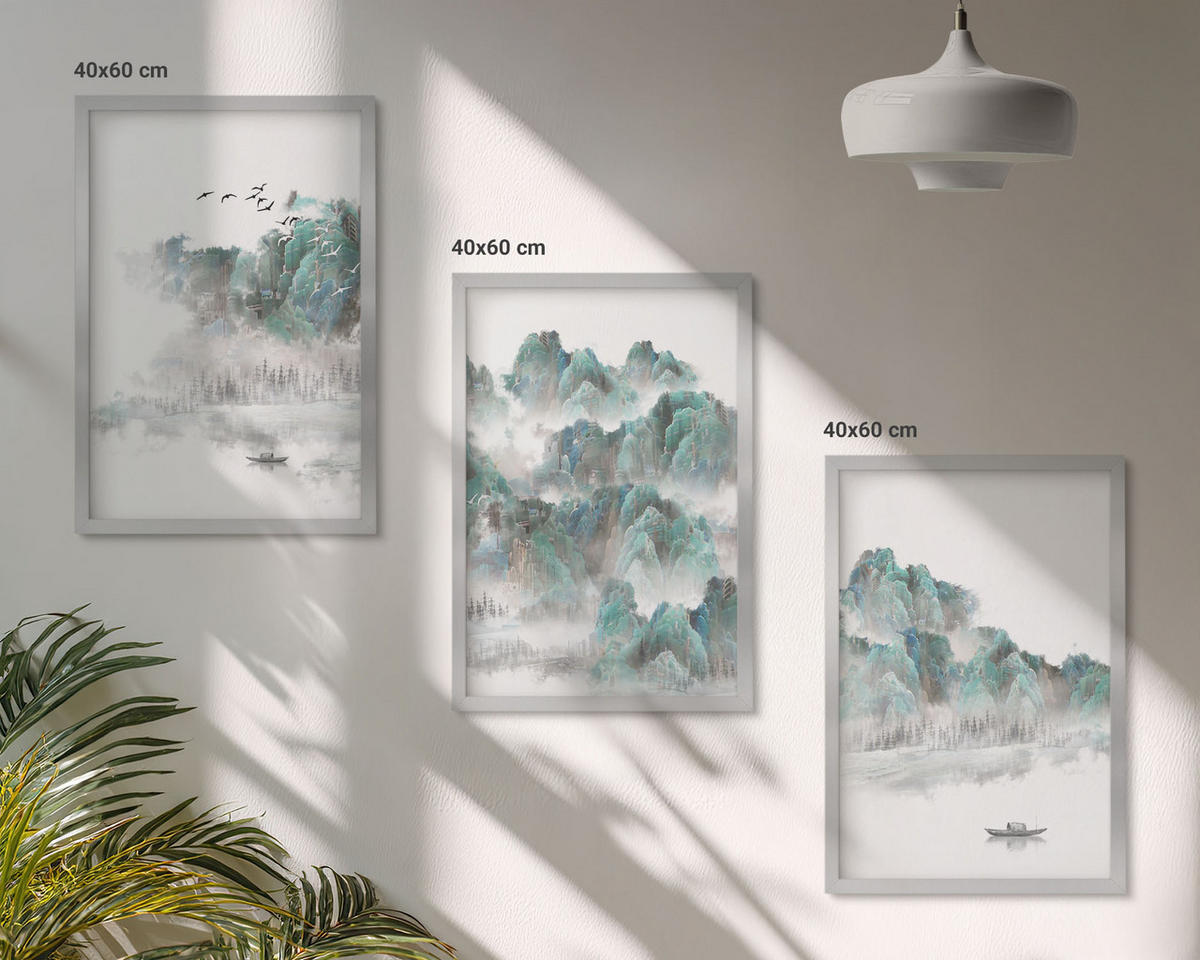 BILDER SET 3er Set - 40x60 cm Silberner Rahmen - Berge, Wolken, Vögel, Boot, Japandi - Silberfarben, Kunststoff (40/60cm) - TULUP