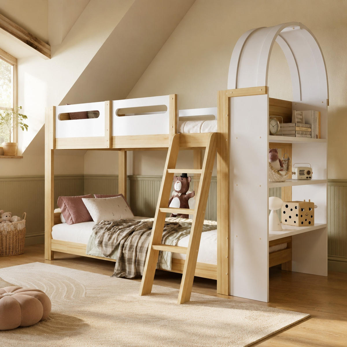 ETAGENBETT 90/200 mit dreistufigem Regal, Bettgitter und Leiter in Weiß und Natur - Weiß/Naturfarben, Holzwerkstoff (90/200cm) - EVRYAE