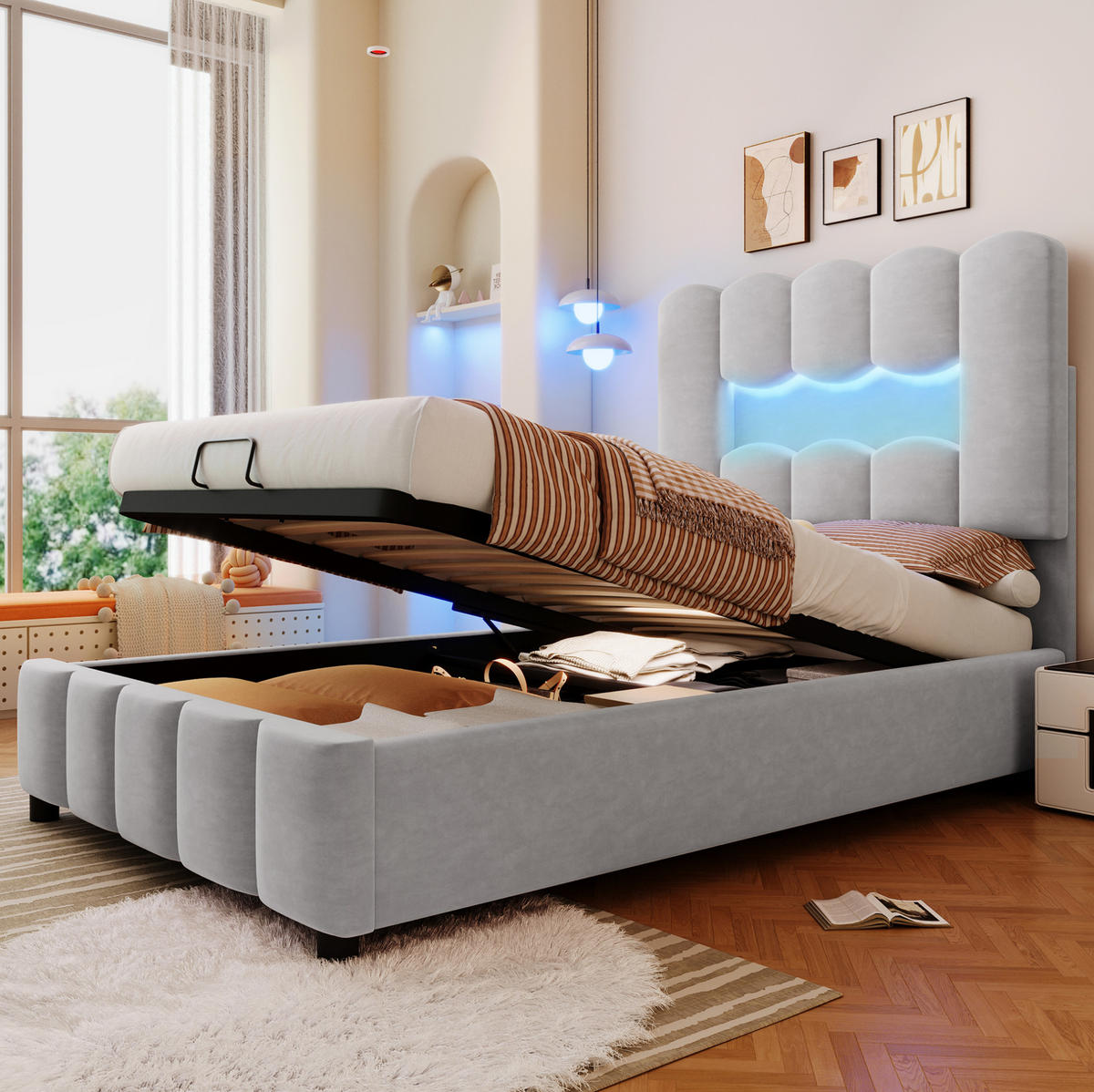POLSTERBETT 90/200 cm in Grau mit Stauraum und LED-Beleuchtung - Grau, Textil (90/200cm) - Flora Grace