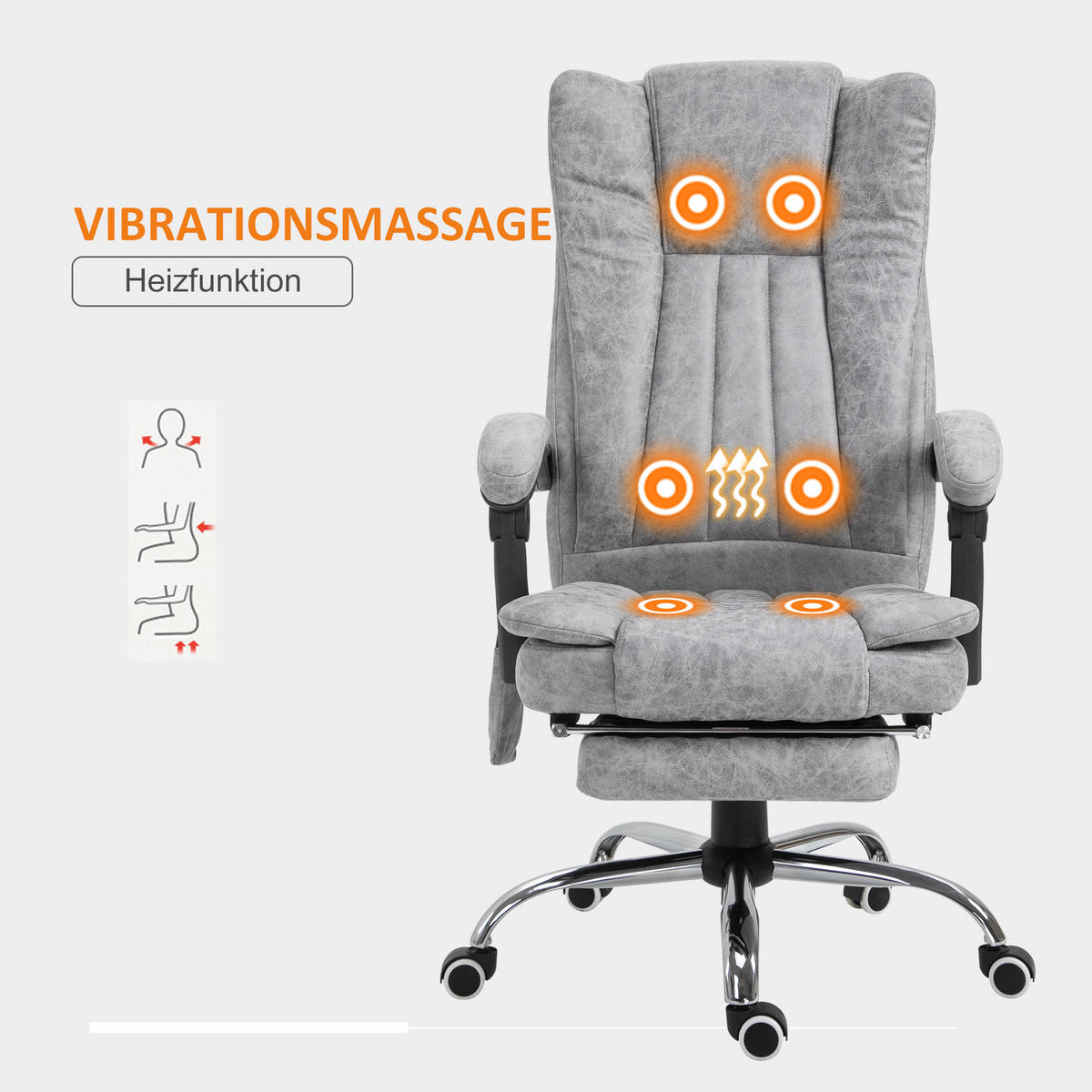 BÜROSTUHL Massagesessel Heizfunktion Liegefunktion Fußstütze Grau - Grau, Textil (67/113/62cm) - Vinsetto