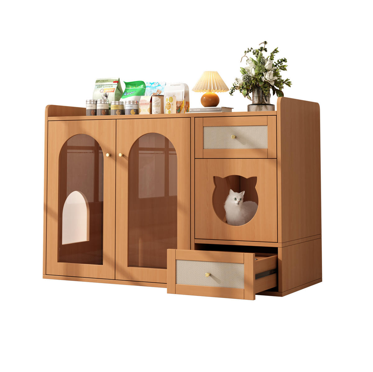 SKŘÍŇKA pro kočičí toaletu z MDF a skla 120x45x76 cm ořechová s miskami, úložným prostorem a odpočinkovou zónou - barva vlašského ořechu, kompozitní dřevo (120/83/45cm) - Modfu