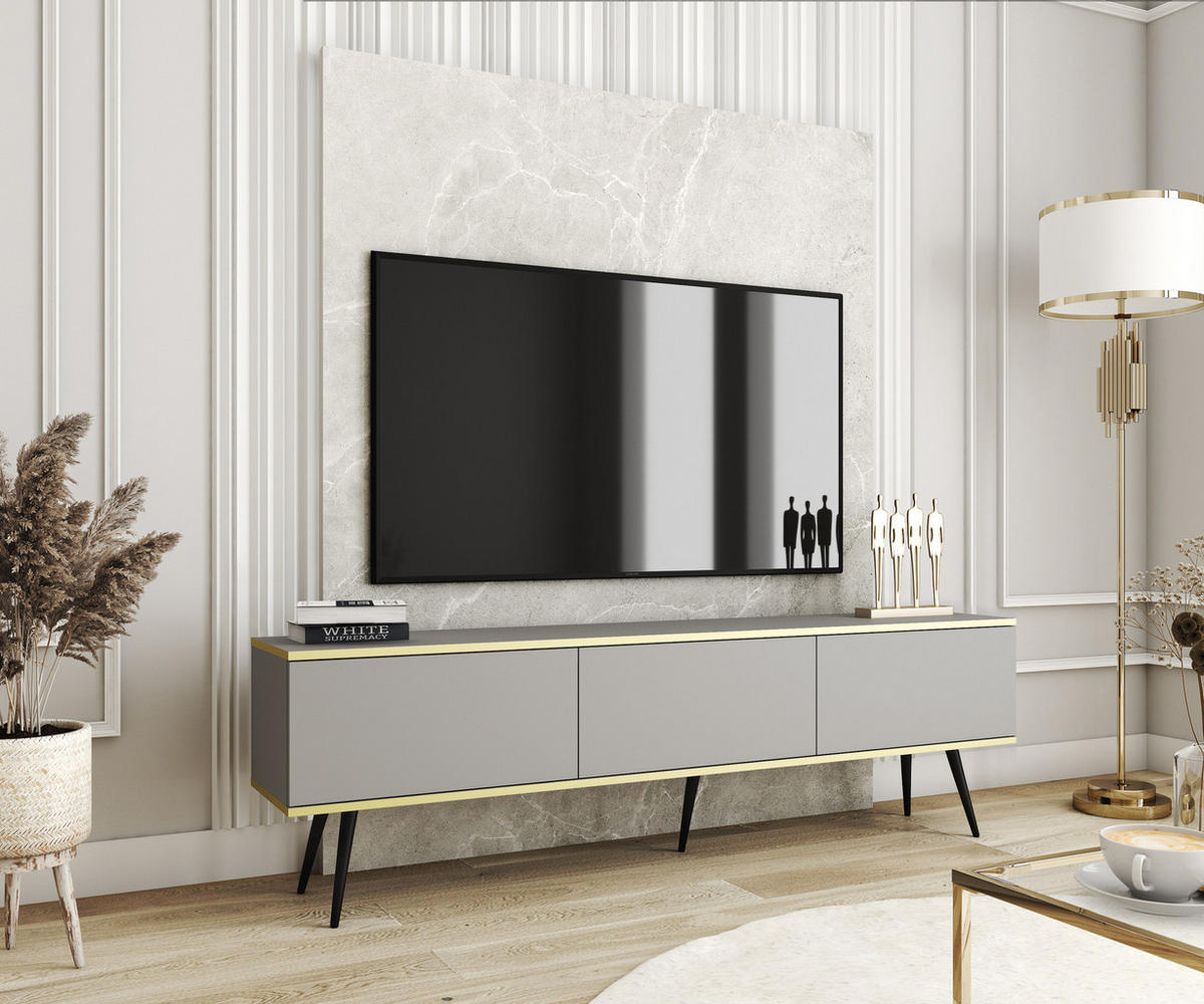 TV-LOWBOARD FORNO (Grau, Goldene Details, 3 Türen, schwarze Metallfüße, 175 cm) - Schwarz/Grau, Holz/Holzwerkstoff (175/53/32cm) - Ravio