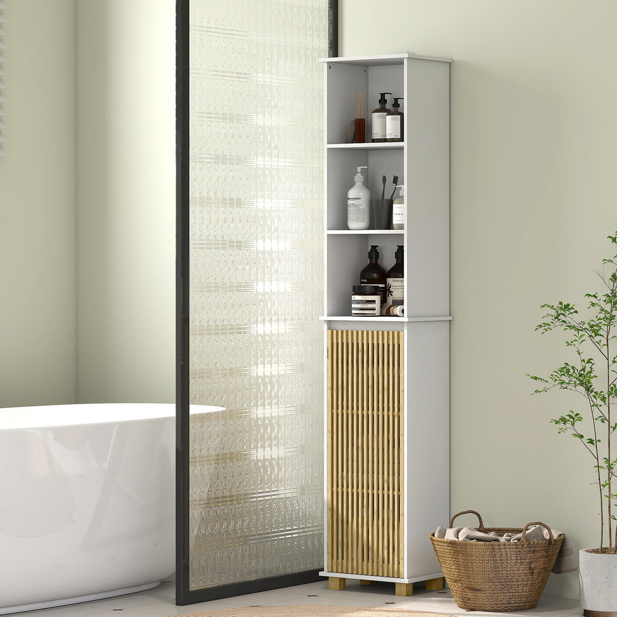HOCHSCHRANK DE-12468 35/26/173 cm mit Bambuslamellentür Weiß - Weiß, Holzwerkstoff (26/173/35cm) - ComfortXL