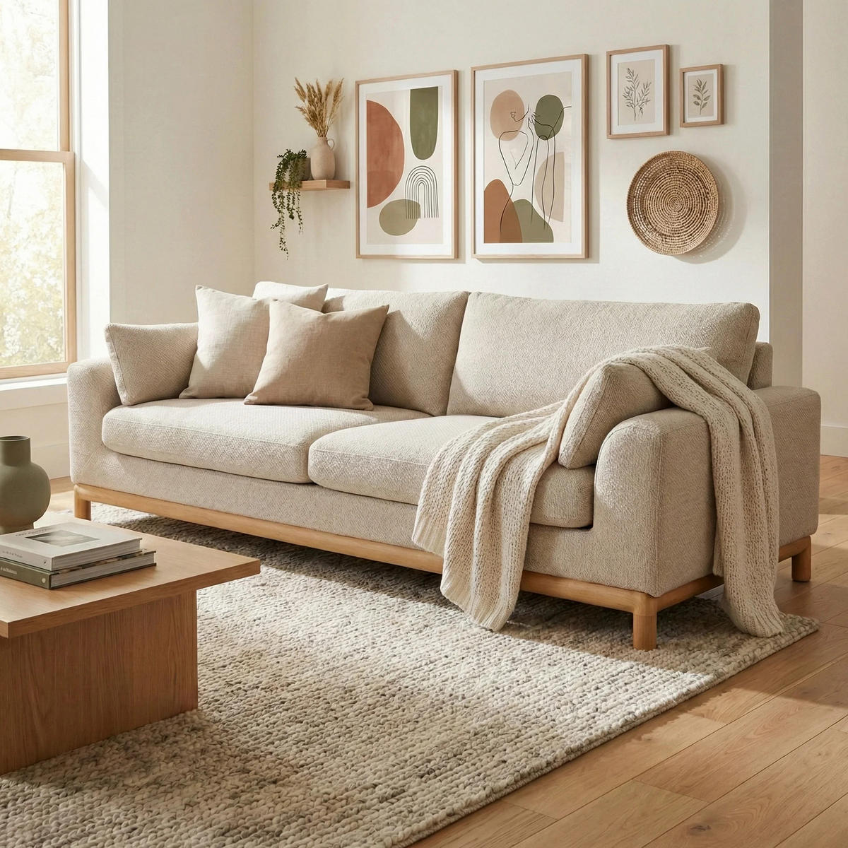SOFA Celeste, 3-Sitzer, Natur Massiveiche + beiger Stoff - Beige, Holz (250/87/102cm) - WOODEK