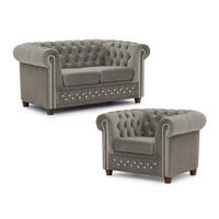 SITZGARNITUR 2+1 Chesterfield Cleo Blink Grau Samt mit Kristallsteppung und braunen Massivholzfüßen - Beige/Braun, Holz/Textil (148/72/86cm) - S-Style Möbel