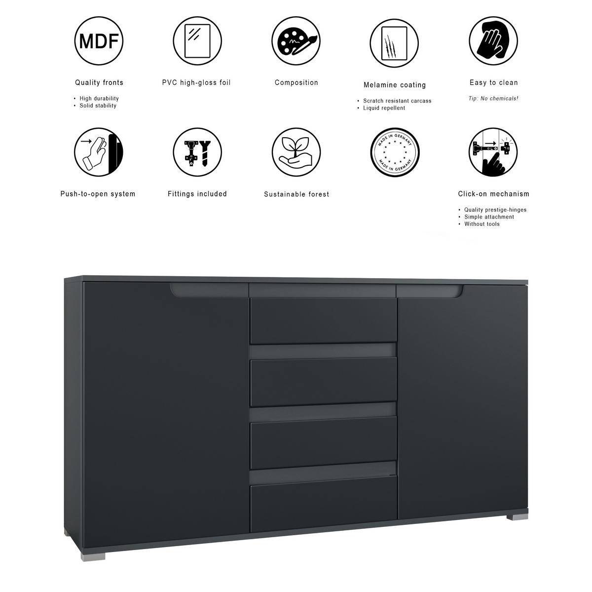 SIDEBOARD Sylt Schwarz Hochglanz / Weiß Hochglanz - Schwarz Hochglanz, Holzwerkstoff (138.5/75.5/35cm) - Vladon