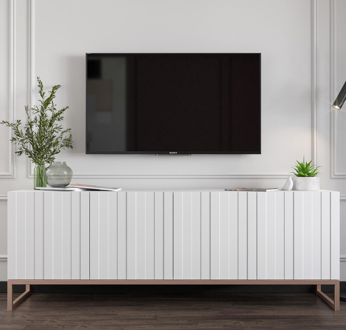 TV-SCHRANK Elpis Weiß Matt mit Metallrahmen 150 cm - Weiß/Kupferfarben, Holzwerkstoff/Metall (150/51.5/36.5cm) - Meble Lindner