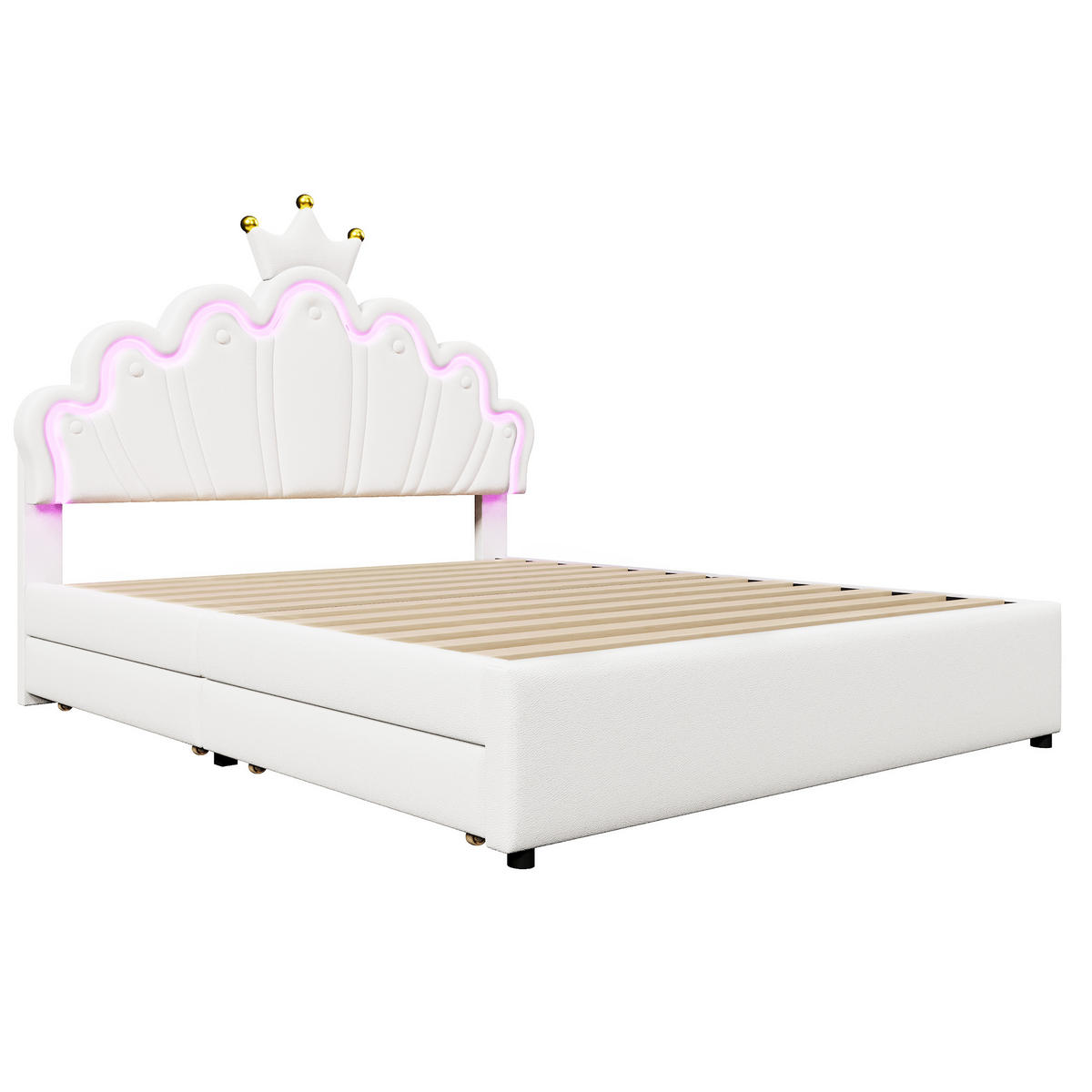 KINDERBETT aus Kunststoff 140x200 cm in Weiß mit LED-Beleuchtung & 2 Schubladen - Weiß, Leder (140/200cm) - Modfu