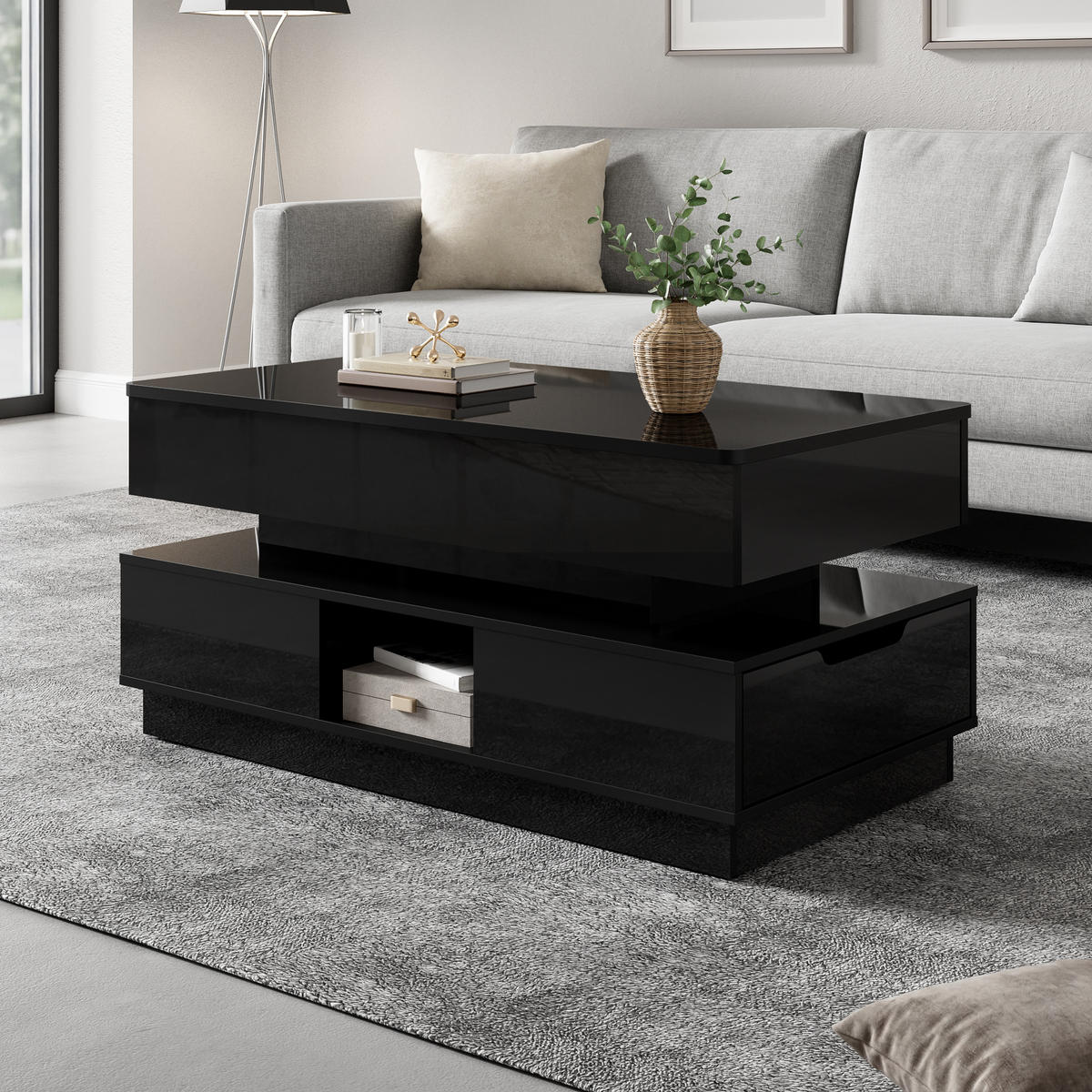 COUCHTISCH höhenverstellbar LED - Schwarz, Holzwerkstoff (48/90/42.5cm)