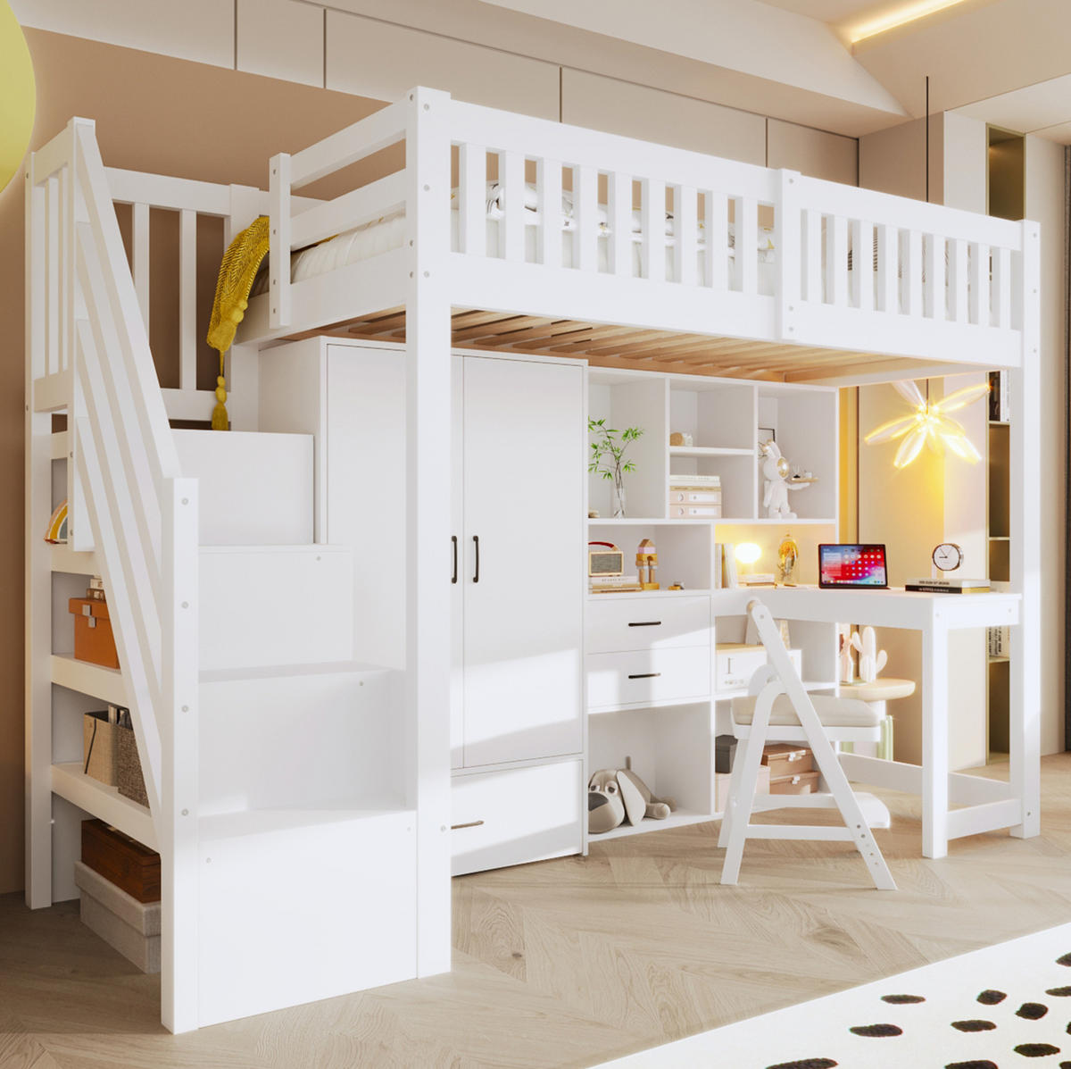 HOCHBETT 90x200 cm in Weiß mit Schreibtisch, Kleiderschrank und Stauraum - Weiß, Holzwerkstoff (90/200cm) - IVMEU