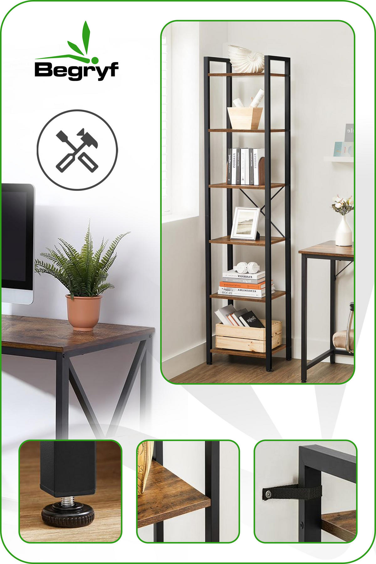 STANDREGAL Holzoptik Metall Dunkelbraun Schwarz mit 6 Böden 187,5 x 39,5 x 30 cm - Dunkelbraun/Schwarz, Holzwerkstoff/Metall (40/187.5/30cm) - Begryf