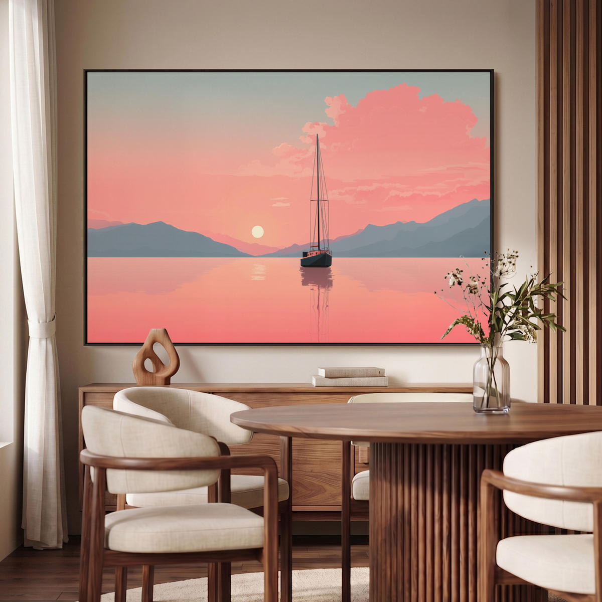 LEINWAND Bilder mit Rahmen - Segelboot - Rosa Meer - Sonnenuntergang - Berge - 150x100 - Rosa, Textil (150/100cm) - MuchoWow