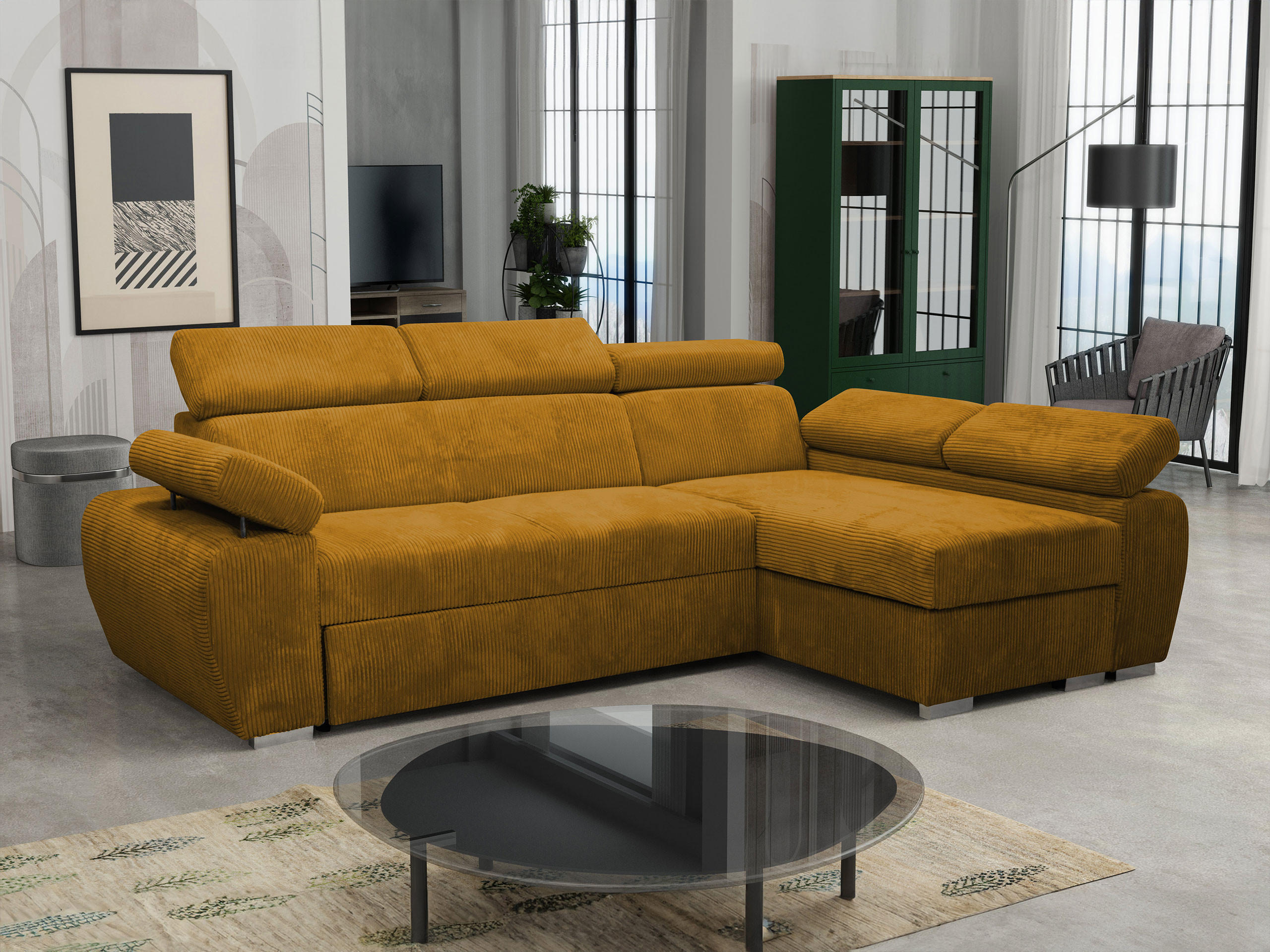 ECKSOFA Boston Mini Premium Cord 2RLC Seite: Rechts 2R+LC - Chromfarben/Braun, Holz/Textil (255/170cm) - MIRJAN24