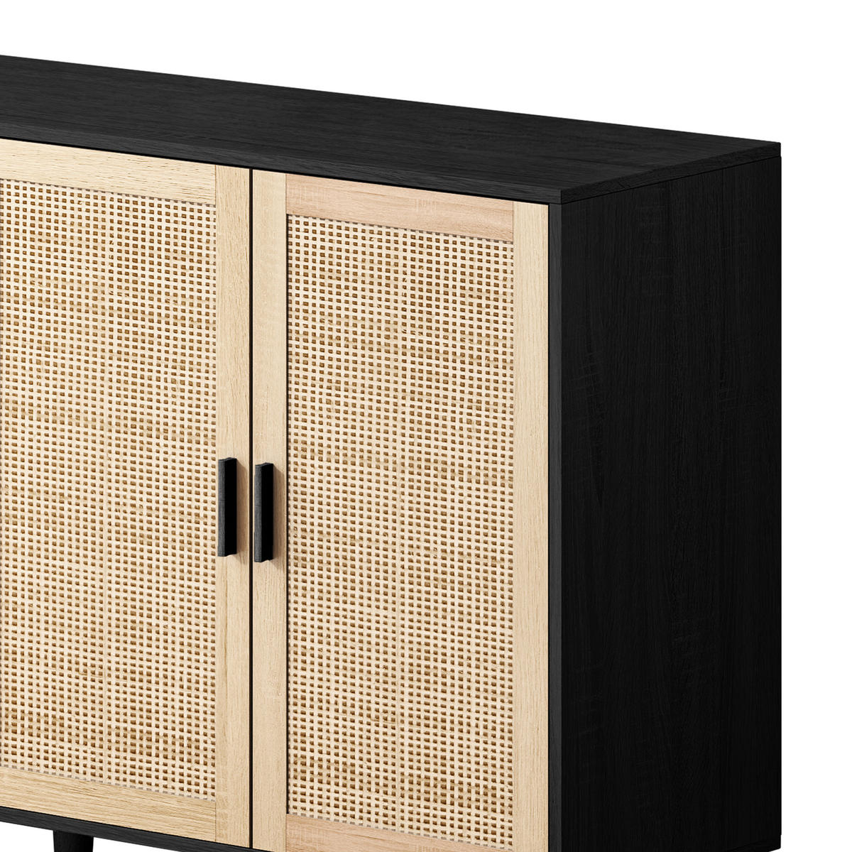KOMODA dřevěný materiál v černé barvě s ratanovými čely, 4 dvířka - černá, kompozitní dřevo (158/88/40cm) - Urban Meuble