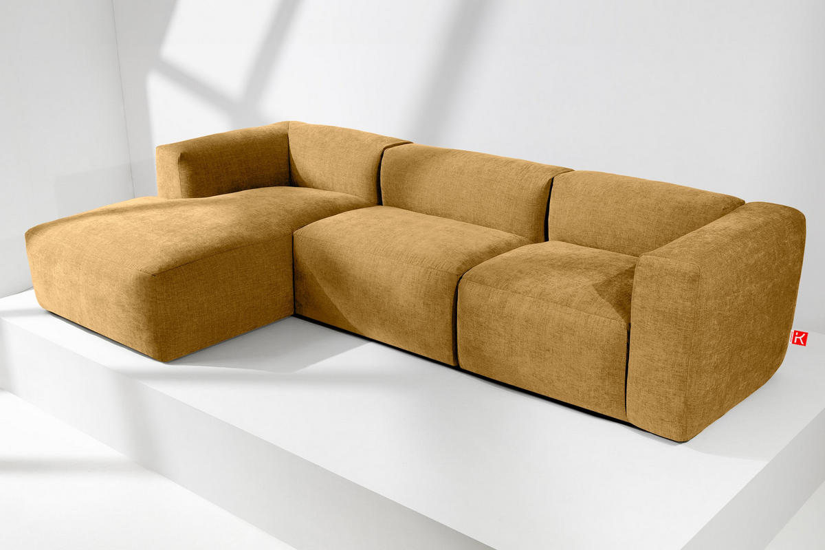 ECKMODULSOFA-LINKS BUFFO mit extrem weicher und bequemer Sitzfläche, Gewebestoff, Honig - Gelb, Textil (297/180cm) - KONSIMO®