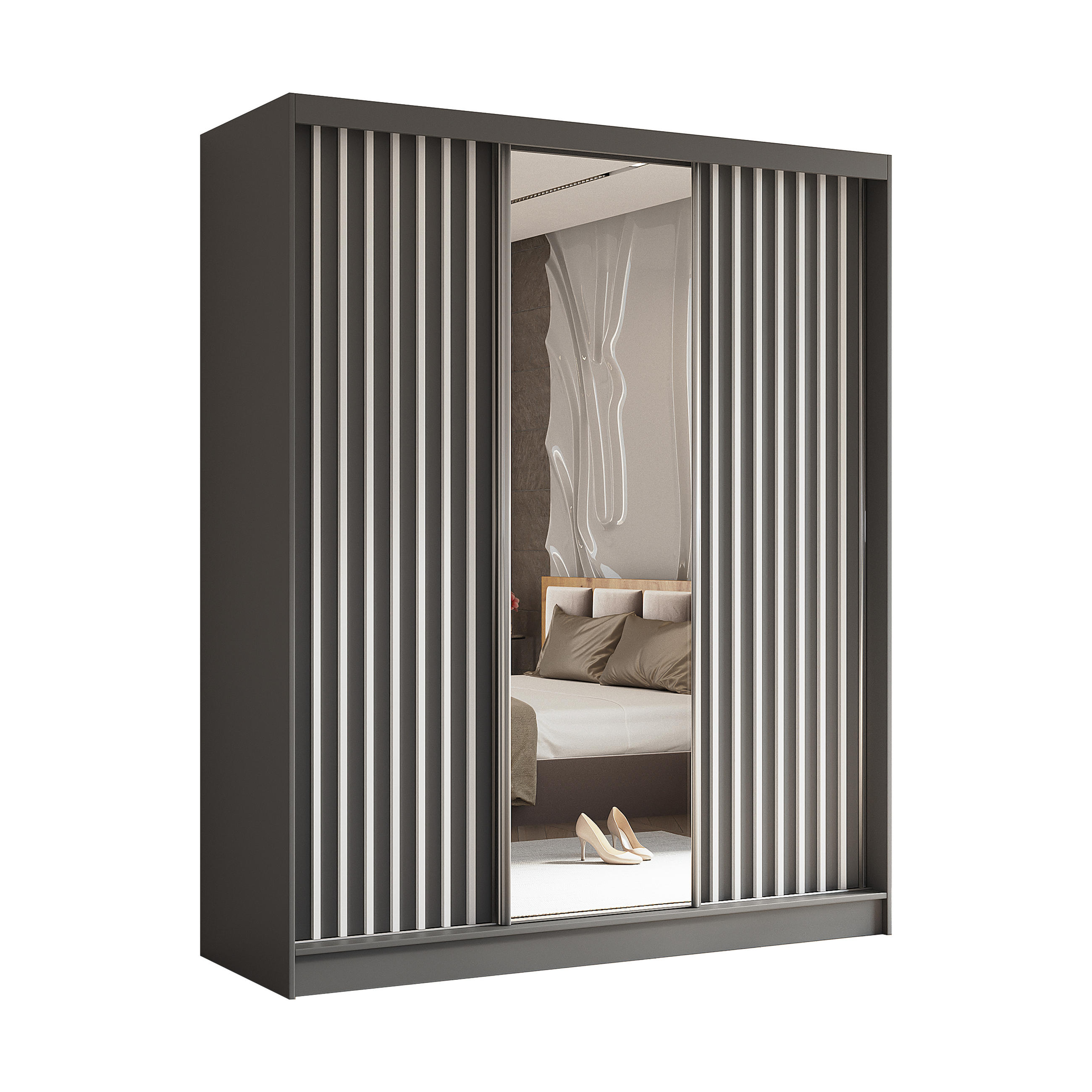 SCHWEBETÜRENSCHRANK Cabinio Grau Weiß 180/216/61 cm – mit Spiegel und Lamellen - Weiß/Grau, Holzwerkstoff/Kunststoff (180/216/61cm) - AX Living